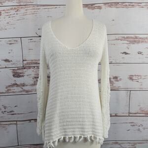 Calypso St. Barths Open Weave Linen Sweater Off White Fringe Xs